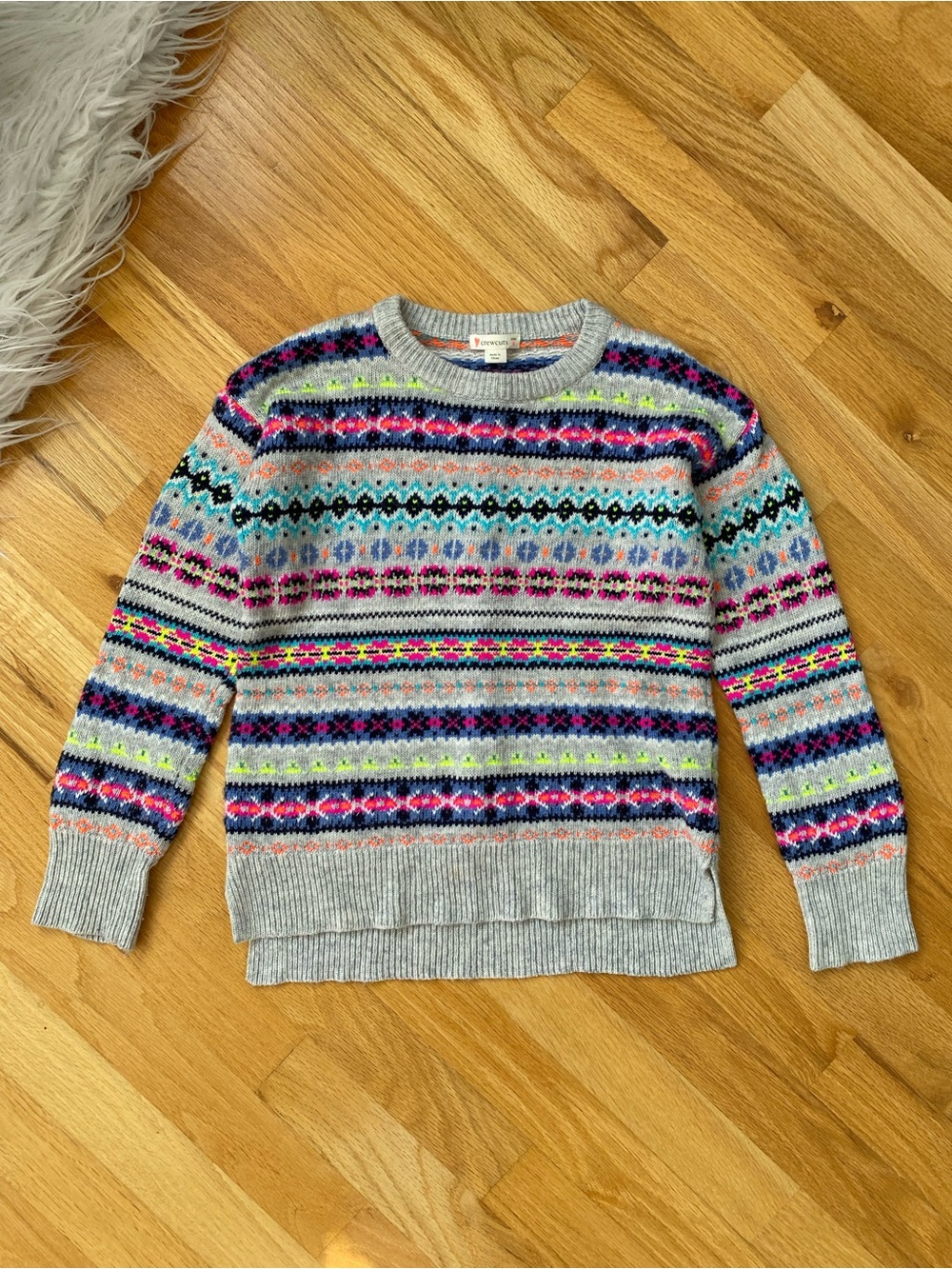 Crewcuts Gray Fair Isle Crewneck Sweater with Neon Accents